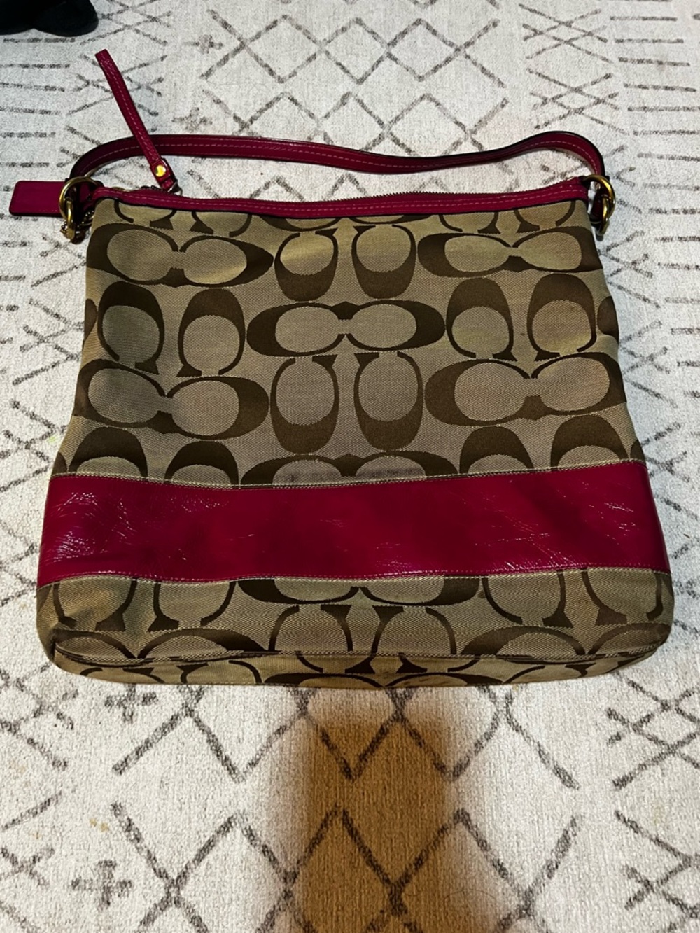 Coach Brown Signature Canvas Shoulder Bag with Pink Trim